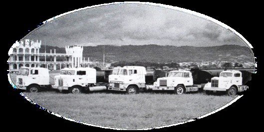 Fotografía histórica en blanco y negro de una flota de camiones de la década de 1960