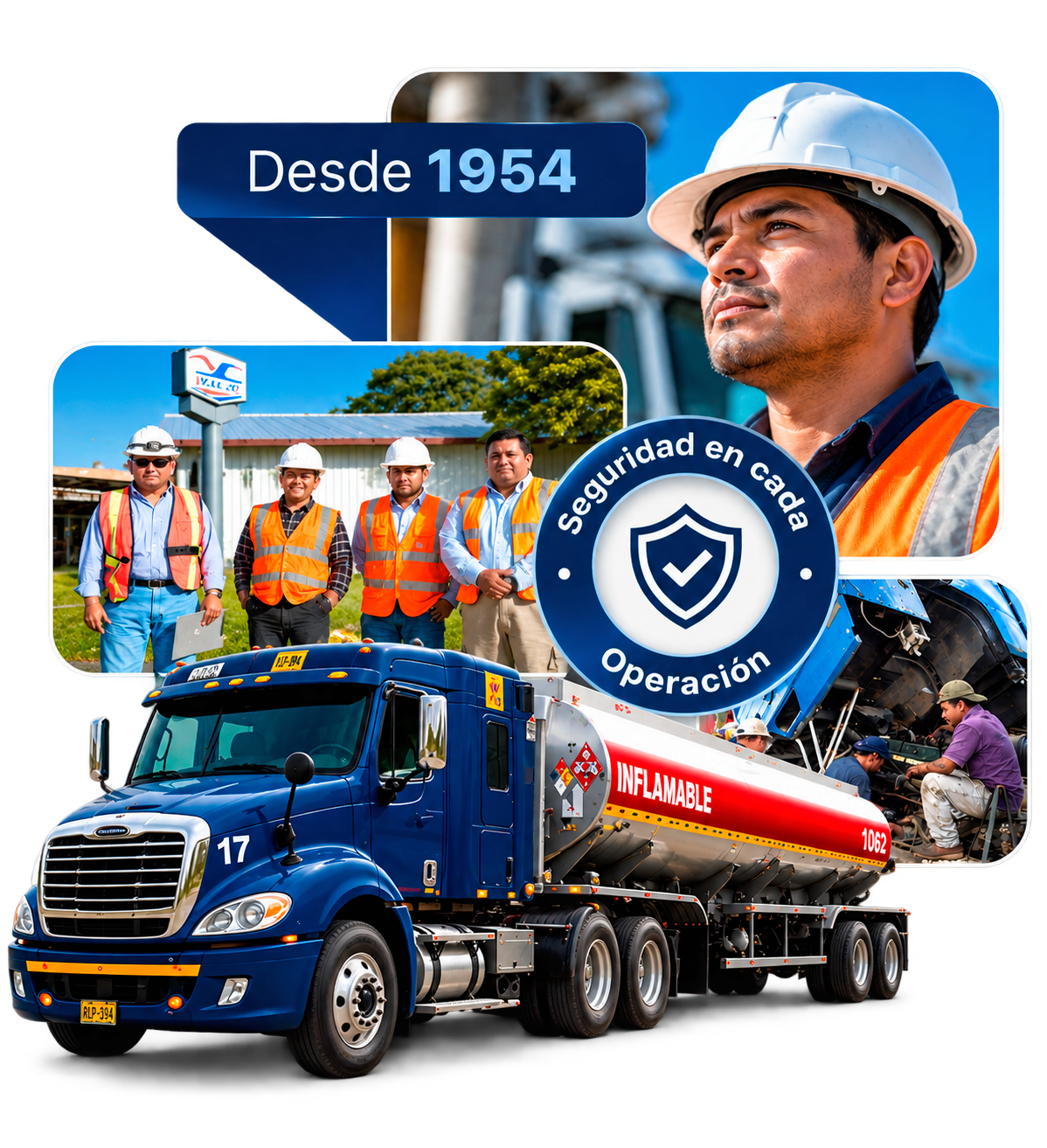 Composición de la trayectoria de RIPSA: camión cisterna, equipo de trabajo con equipo de protección personal y distintivo de seguridad en cada operación, desde 1954