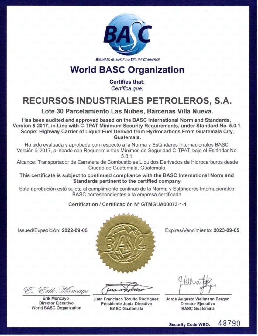 Certificado BASC de World BASC Organization a nombre de Recursos Industriales Petroleros, S.A., emitido en septiembre de 2022